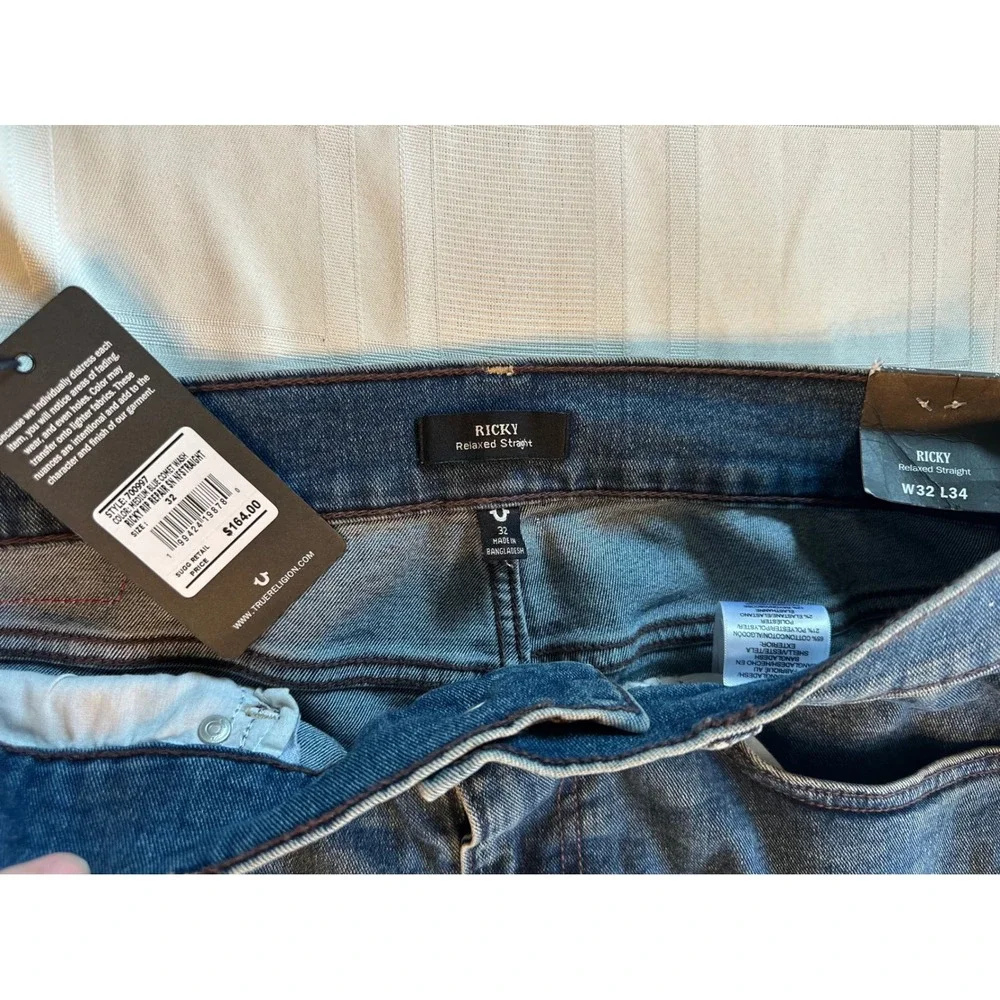 True Religion Jeans Mens 32 Blue Ricky Relaxed Straight Distressed Repair New